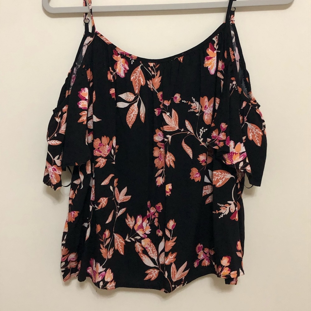 Cold shoulder black summer top with flowers